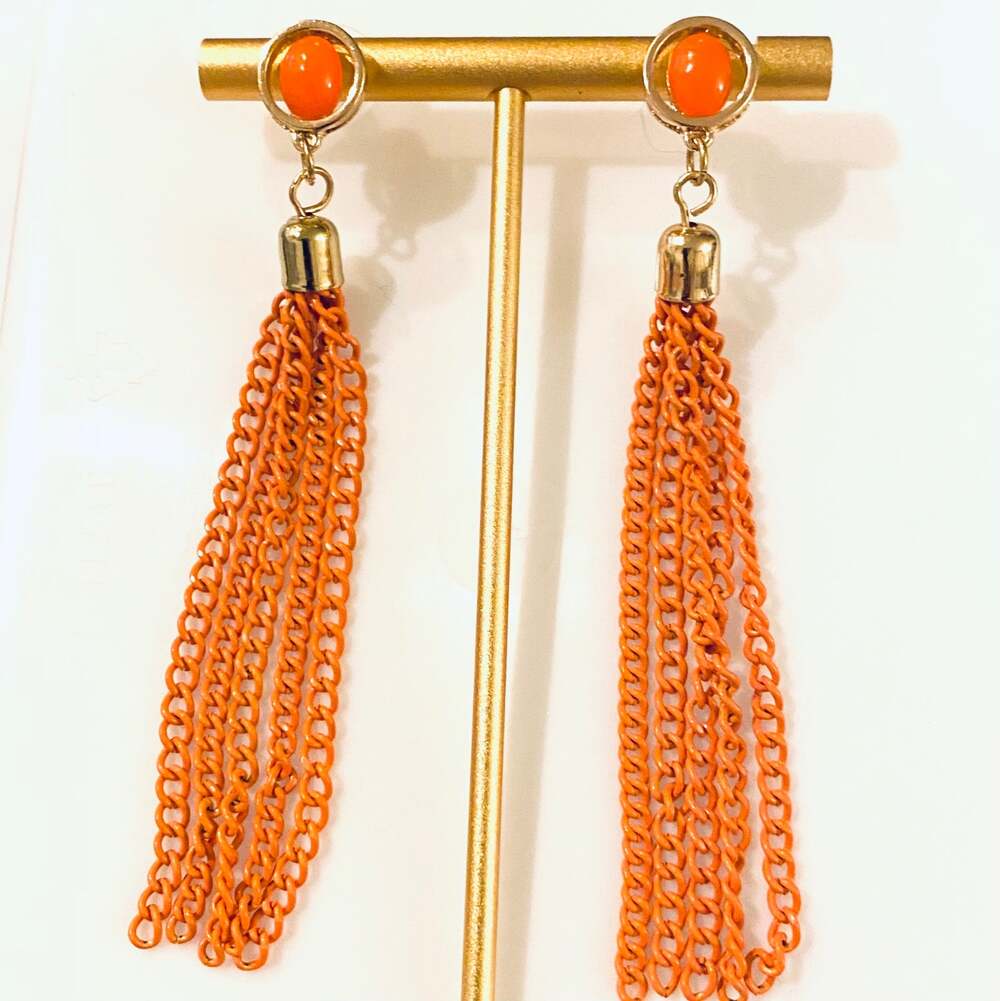 Orange Chain Tassel Earrings